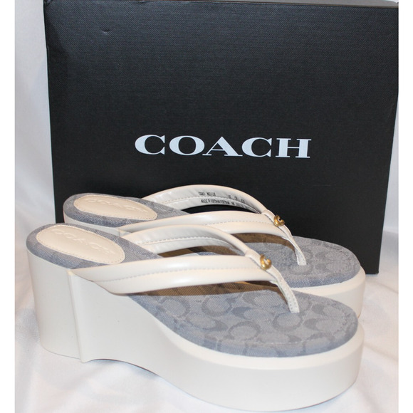 COACH SIGNATURE JACQUARD FRANKI THONG FLIP FLOP SANDALS NIB CHALK - Picture 1 of 6